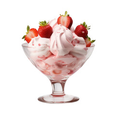 A glass dessert bowl filled with pink ice cream and topped with fresh strawberries on a black background on white background