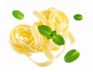 Floating Cooked Pasta Strands with Fresh Mint isolated on white 
