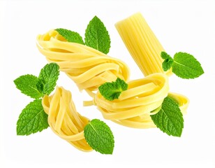 Floating Cooked Pasta Strands with Fresh Mint isolated on white background
