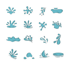 Water Drop and Splash Vector Set. Hand drawn waterdrop illustration. Set of versatile water splash vector illustrations. Flat vector set of clean blue water drops and splash illustrations..
