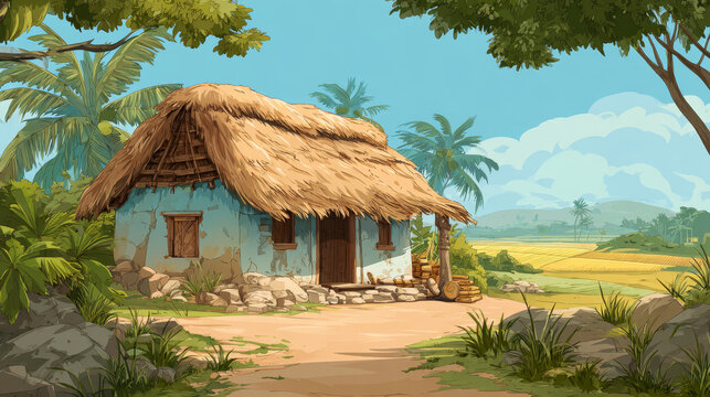 Illustrated depiction of a rural Indian house used as a cartoon background
