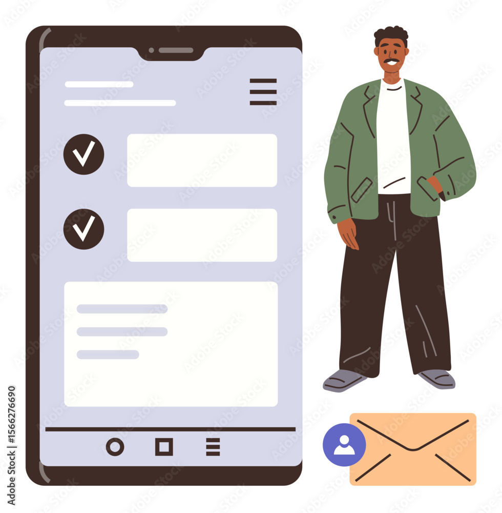 Poster smartphone screen with task checklist interface, man in casual clothes, envelope, and profile icon. 