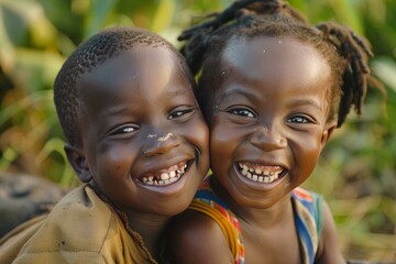 Two cheerful african children are smiling, showing their teeth, enjoying a sunny day outdoors