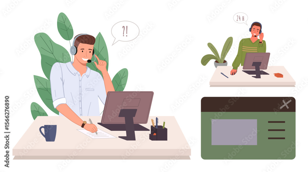Poster two individuals in office settings using headsets while interacting with customers. includes speech 