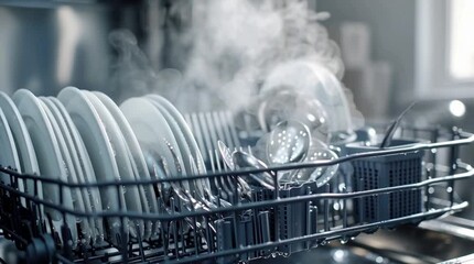 Clean dishes steaming in dishwasher after washing cycle  