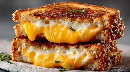 Two halves of a goldenbrown grilled cheese sandwich with melted cheese, served on a rustic surface