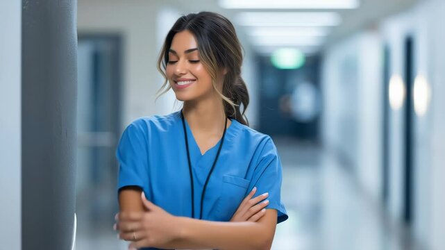 Smiling female nurse in blue scrubs standing confidently in a brightly lit hospital corridor with arms crossed.