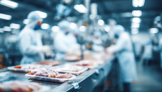 Factory line Meat processing. Workers in clean suits. Sterile plant. Industry