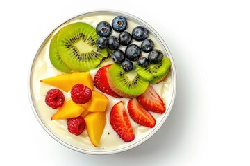 Top View of a Creamy Coconut Pudding Topped with Tropical Fruits Isolated on White Background
