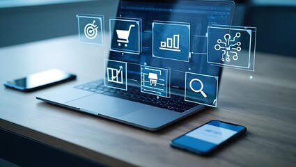 Digital transformation concept with glowing icons for business growth shopping data analysis and technology displayed over a laptop and smartphones on a wooden desk