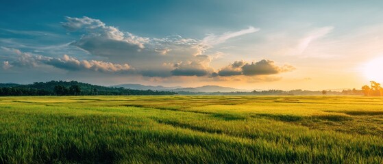 Obraz premium Golden rice field at sunset wide landscape photography