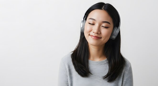 Serene young woman enjoys peaceful music listening experience with headphones.
