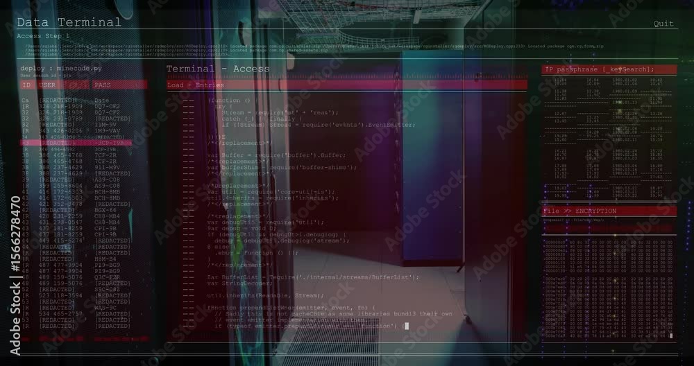 Poster cabinets receiving digital terminal interface on boot panels scrolling code for decrypting files