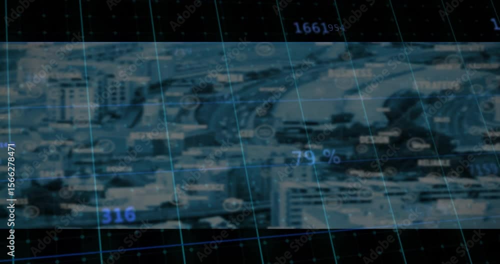 Poster glowing grid lines sweeping in numeric readouts updating then pulsing visualizing city data overlay