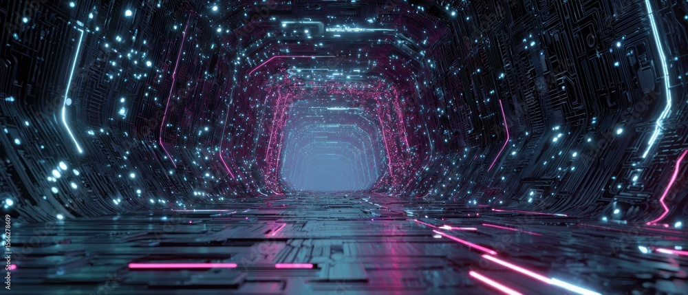 Poster glowing neon lines in futuristic digital tunnel abstract technology background