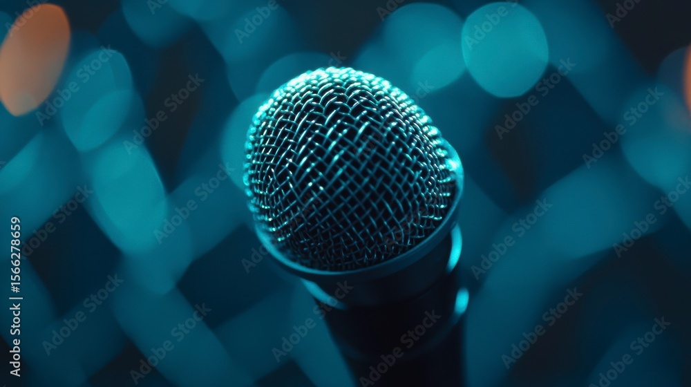 Poster close-up of a microphone on a dark stage with blue bokeh lights in the background.