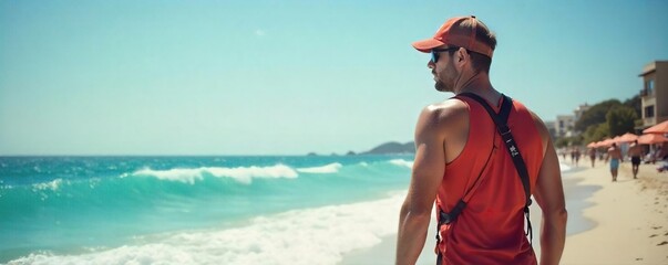 A vigilant lifeguard attentively scanning a sunny beach, ensuring swimmer safety Ready for action, this image depicts summer vigilance and water safety , sea, sunglasses, guard