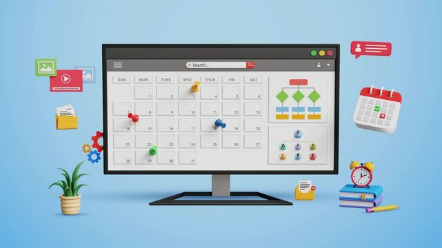 Business planning, agenda, work schedule, project management concept. Reminder, digital schedule, team work calendar. Appointment, planning calendar dashboard on a computer screen. 4K 3D animation