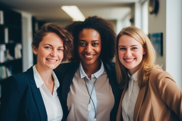 Fototapeta premium Three happy multi ethnic businesswomen smiling together in a modern office