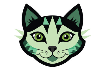 Whimsical cat face collage with vibrant geometric patterns