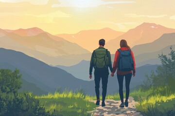 Exploring couple enjoys nature walk on mountain trail during sunset in serene landscape, Exploring couple enjoy travel walk on nature mountains Family spend vacation