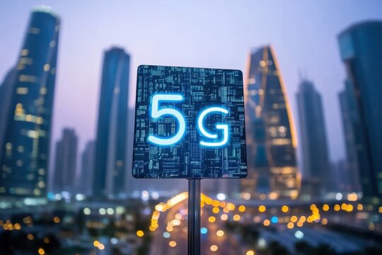 Smart city infrastructure featuring 5G communication network and IoT technology in a vibrant urban setting, Smart city and communication network concept