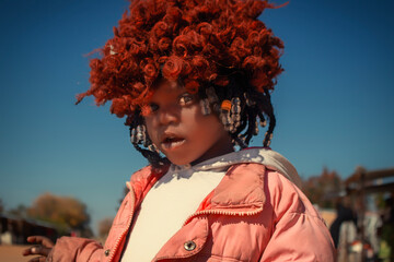 A young African girl with dark skin, wearing a vibrant orange wig and pink jacket. A real moment of playful expression, captured in natural light. Perfect for diversity, childhood, and lifestyle theme