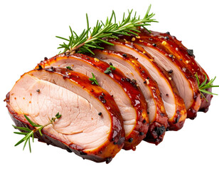  Juicy Whiskey-Glazed Pork Tenderloin Slices with Herbs, isolated on transparent background.