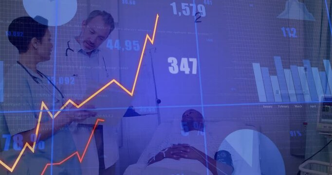 Clinician scrolling tablet as ascending graphs animating patient vital analysis in medical ward