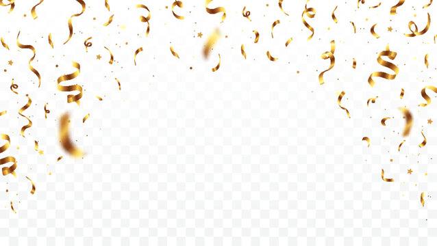 Beautiful golden confetti party vector isolated on transparent background. Ideal for festive designs and holiday decorations.