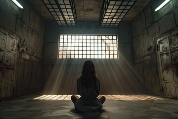 Woman Imprisoned in Room with Grid, Symbolizing Isolation and Legal Consequences of Actions