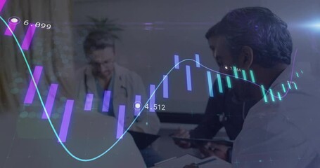 Medical team reviewing case on tablets while overlay showing shifting purple bars and teal line - Powered by Adobe