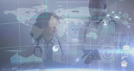 Male doctor tapping tablet, female doctor pointing at hologram map, analyzing medical data charts - Powered by Adobe