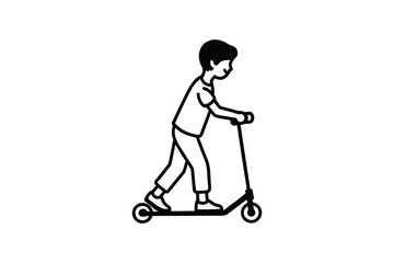 Boy Riding Scooter Illustration in Black and White Silhouette