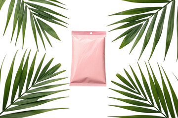 Pink package with palm leaves isolated on transparent background