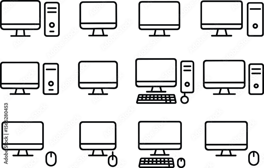 Fototapete Desktop Computer with Keyboard and Mouse Line Icons Set Vector Illustration. PC Outline Symbols on Background