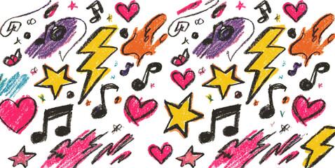 Crayon drawn music notes, punk lightnings, hearts and stars