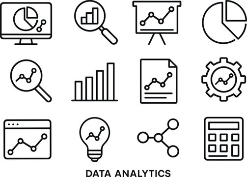Data Analytics Line Icon Set for Business Intelligence and Statistical Reporting on Transparent Background