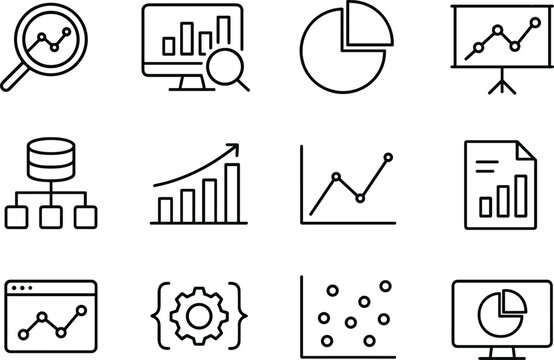 Data Analysis Line Icon Set for Business Intelligence and Statistical Reporting on Transparent Background