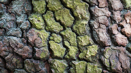 Coarse-textured tree bark of a mature species, shaped by changing seasonal conditions