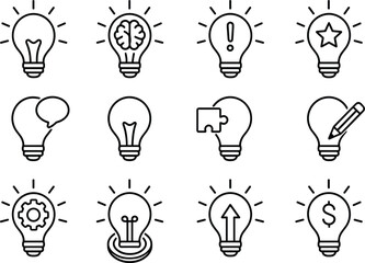 Light Bulb Icons Set Outline Style Vector Illustration Idea Generation Creative Thinking and Innovation Process
