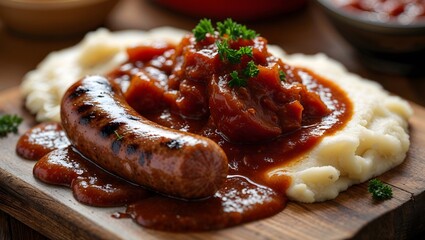 South African boerewors sausage with pap and tomato gravy.