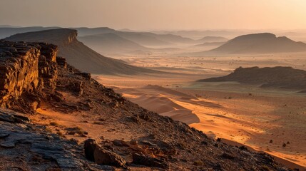 Vast Desert Landscape at Sunrise with Golden Rocks and Sand
