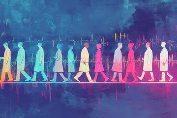 Diverse group of doctors walking with a cardiograph in a hospital setting, cardiograph over diverse doctors walking in hospital