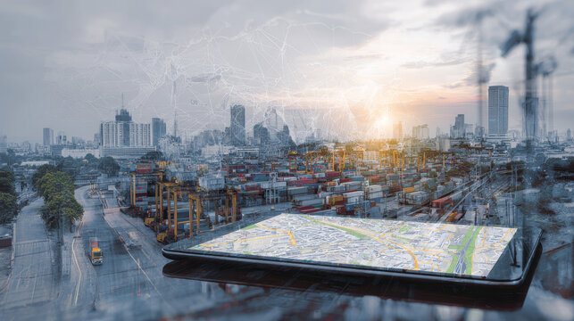 Double-exposure image combining a digital tablet, GPS app, and a cityscape to depict smart logistics and geolocation technology