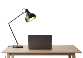 Laptop and Desk Lamp on Wooden Desk: Workspace Setup