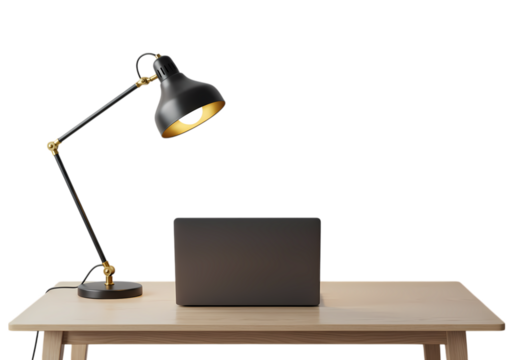 Laptop and Desk Lamp on Wooden Desk: Workspace Setup - Powered by Adobe