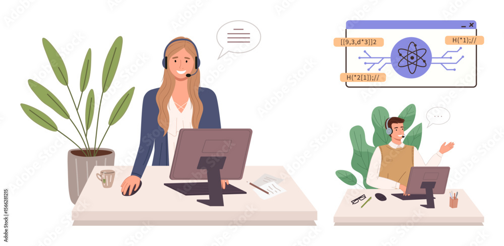 Poster woman using a headset and computer for support, virtual interface with an atom diagram, man on a vid