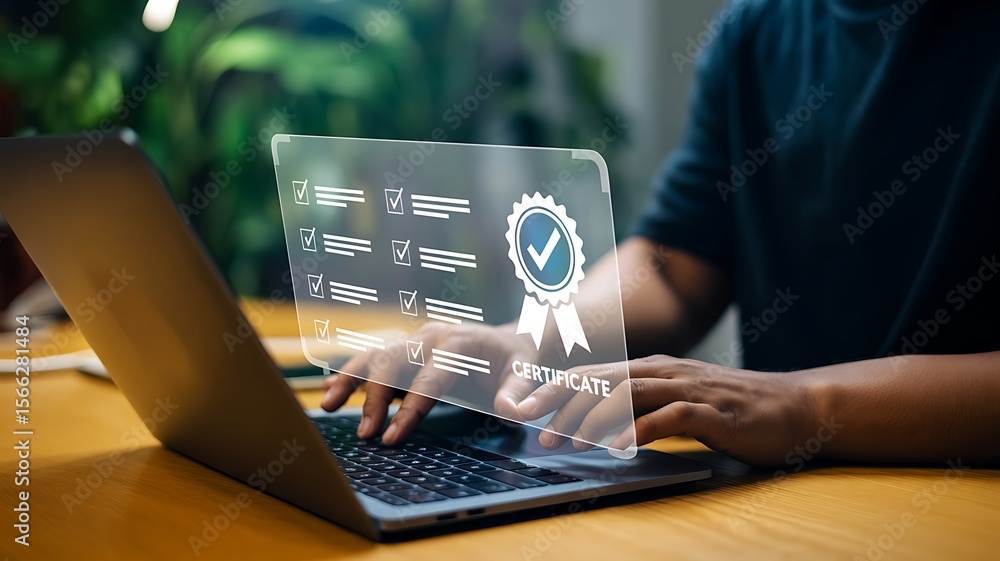 Poster person using laptop with digital certificate verification computer technology