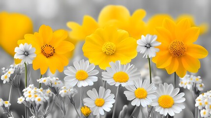 Obraz premium Vibrant Yellow and White Daisies in Monochrome Garden